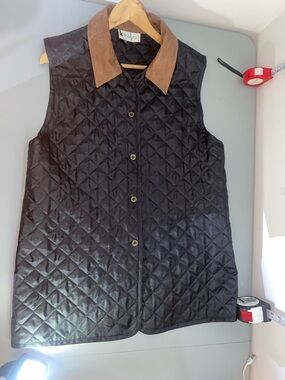 Karolyne Quilted Black Vest with Nylon BrownCollar Vintage size M Couture Sport